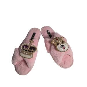 Laines Large Slippers Artisan Sandy Corgi & Royal Crown Brooche Pink Fluffy Warm